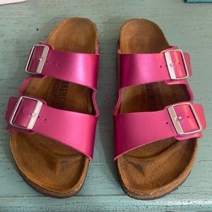 BirkenStock metallic patent leather Arizona sandals